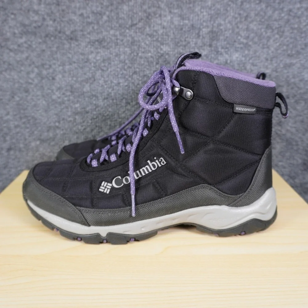 Columbia Firecamp Boots Women 8.5 Black Purple Waterproof Hiking Winter OmniGrip